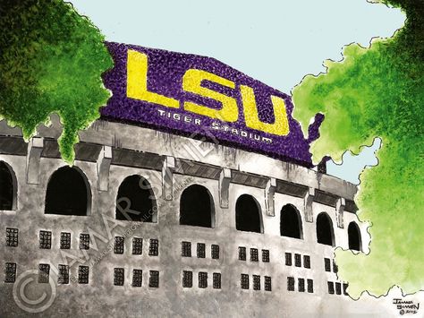 LSU's Tiger Stadium watercolor painting by Jamar Simien    https://www.etsy.com/listing/104197567/lsu-tiger-stadium-football-stadium Lsu Painting Preppy, Lsu Artwork, Lsu Art, Lsu Stadium, Lsu Tiger Stadium, Stadium Art, Lsu Fans, Tiger Stadium, Lsu Tigers Football