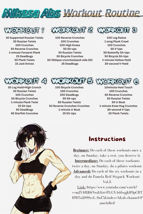 Mikasa Ackerman Exercise, Mikasa Ackerman Ab Workout, Mikasa Body Workout, Anime Abs Workout, Mikasa Ackerman Workout Routine, Mikasa Workout Routine, Jinx Workout Routine, Mikasa Abs Workout, Anime Body Workout