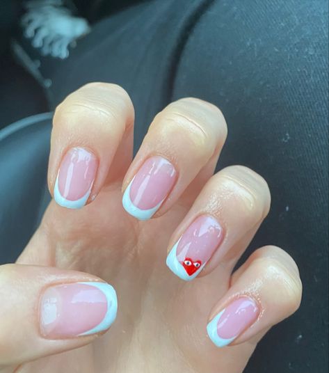 French Nails Comme Des Garcons, French Tip Comme Des Garcons Nails, French Tips With Small Heart, Comme Des Garcons Nails French Tip, Comme Des Garcons Nails, Spain Nails, Shirt Nails, Short French Tip Nails, Nail Summer