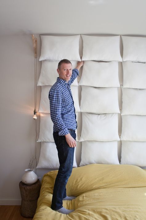 Dale Saylor and Joe Williamson of Hollymount DIY pillow headboard (an ode to Martin Margiele), photo by Michael A Muller | Remodelista Floating Headboard, Diamond Tufted Headboard, Pillow Headboard, Headboard Curtains, Glamour Home, Earthy Home Decor, Diy Pillow, Diy Window Treatments, Diy Clouds