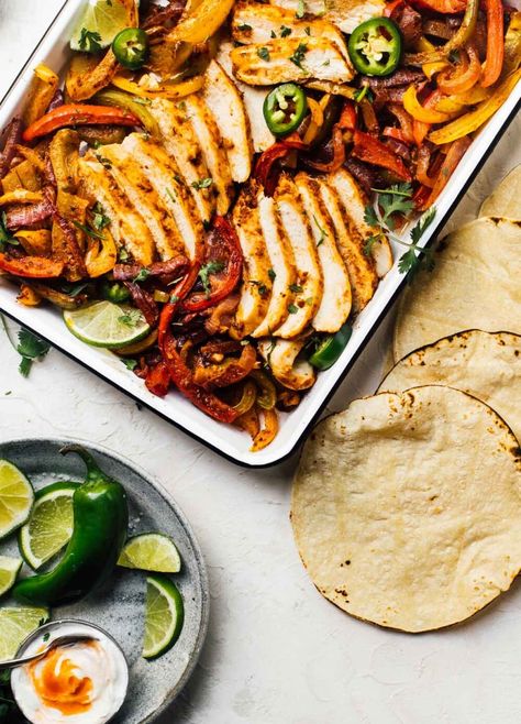 Zesty Sheet-Pan Chicken Fajitas (oven baked) Baked Chicken Fajitas Oven, Fajitas Oven, Chicken Fajitas Oven, Fajita Mix, Fajita Marinade, Baked Chicken Fajitas, Sheet Pan Dinners Chicken, Pan Chicken Fajitas, Sheet Pan Chicken