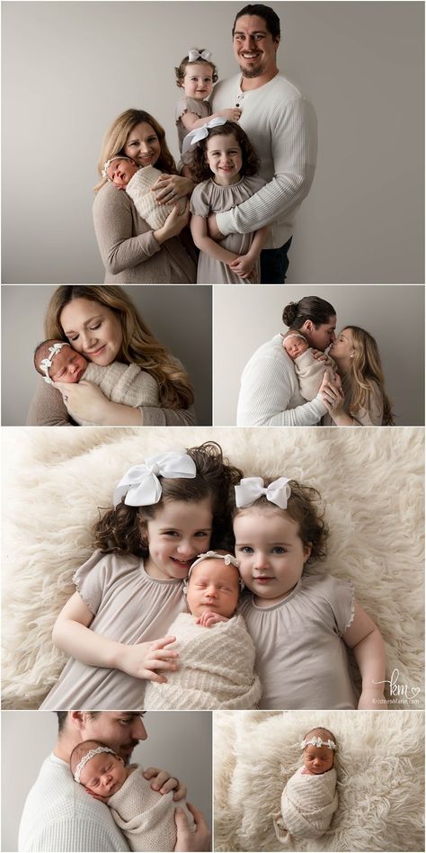 family poses with newborn baby girl - family of 5 Newborn Shoot With Family, Family Of 5 Photo Ideas With Newborn, Nb Family Photos, Newborn Family Photos Family Of 5, Newborn Family Of 5 Photography, Family Picture Newborn, Family Of 5 Newborn Photos, Christmas Photos With Siblings, Family Of 5 Newborn Pictures Studio