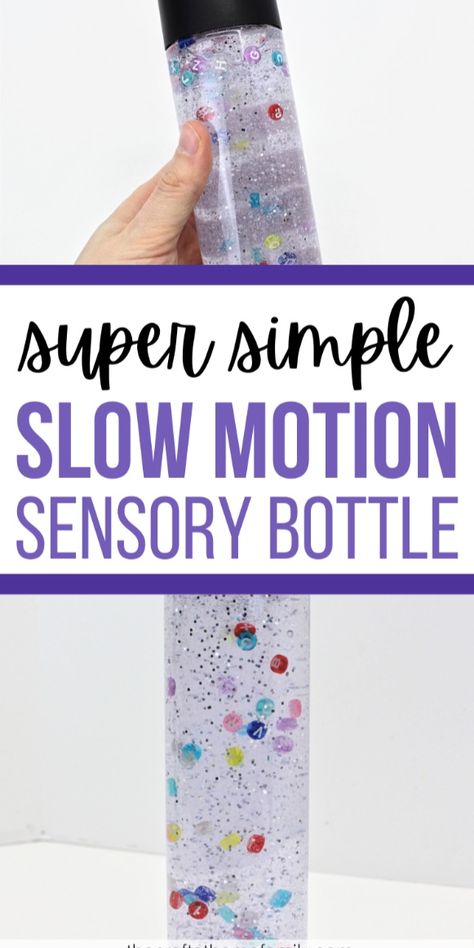 Does your child love sensory bottles? This homemade slow motion sensory bottle is a fun twist on traditional calm down jars. You'll only need 5 minutes and a few simple supplies to make this fun DIY sensory bottle idea at home. This project is perfect for babies, toddlers, preschoolers, and even elementary school kids—throw it together in just a few minutes and watch as the beads slowly fall to the bottom!  slow motion sensory bottle | slow falling sensory bottle | slow motion calm down sensory bottle | slow moving sensory bottle | slow falling glitter sensory bottle | sensory bottle diy | sensory bottle ideas | sensory bottles for toddlers | sensory bottles for preschool | sensory bottle recipe Glitter Bottle Diy, Calm Sensory Bottles, Baby Sensory Bottles, Sensory Bottles For Toddlers, Sensory Bottles Preschool, Glitter Sensory Bottles, Calming Bottle, Calming Jar, Sensory Play Recipes