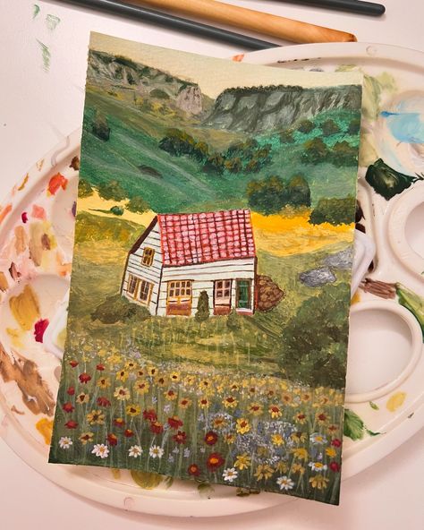 Cottage field is another level of peace 🧺🪵💐🤎✨ #nature #landscapepainting #smallartist #illustrationartist #cottagelife #cottagecore #whimsicalart #cozy #aestheticstyle #gouacheartist #gouachelandscape #trees #flowers #impressionism #goodvibes #cottagecore #vintage #ethereal #countryside Flowers Impressionism, Cottagecore Vintage, Illustration Artists, Whimsical Art, Aesthetic Fashion, Impressionism, Art Studio, Landscape Paintings, Trees