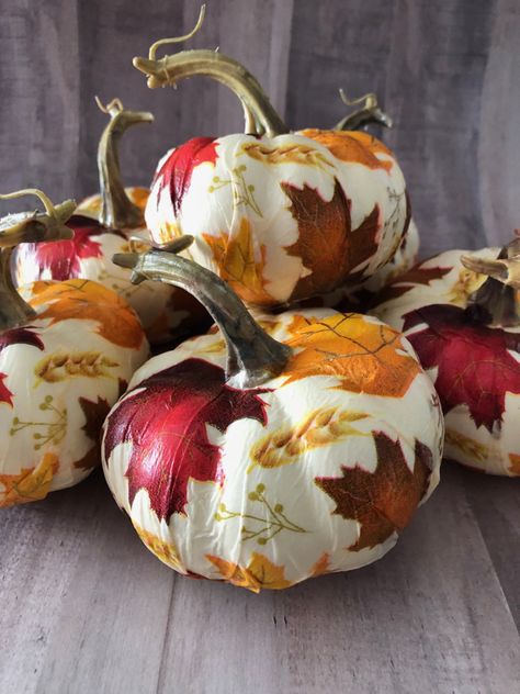 15 Mod Podge Pumpkin Makeover Crafts - Cathie Filian & Steve Piacenza Kitchen Embroidery, Decoupage Pumpkins, Fake Pumpkins, Mod Podge Crafts, Napkin Decoupage, Fall Thanksgiving Decor, Fall Deco, Autumn Decorating, Fall Halloween Crafts