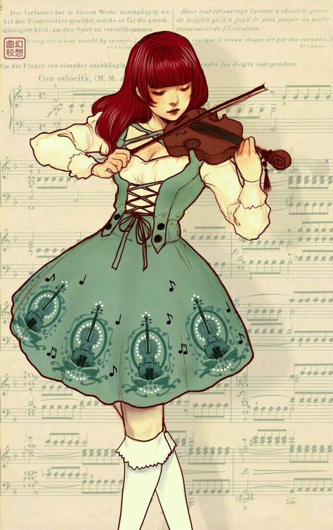 Violinist, Violin, Red Hair, A Girl, Music, Green, Red, Hair, Art