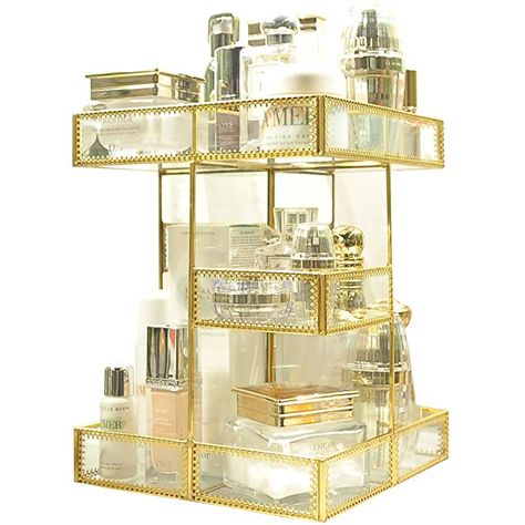 360 Degree Rotation Makeup Organizer Antique Countertop Cosmetic Storage Box Mirror Glass Beauty Display, Gold Spin Large Capacity Holder for Brushes Lipsticks Skincare Toner Beauty Display, Box Mirror, Perfume Tray, Mineral Makeup, Glass Vanity, Makeup Brush Holders, Elegant Art, Makeup Organizer, Gold Branding