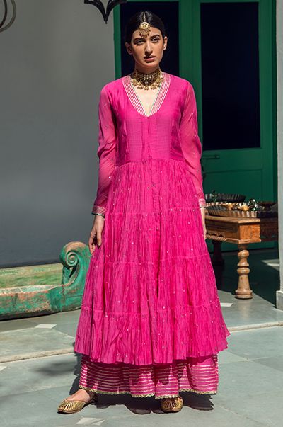 Gathered Anarkali, Flared Palazzo, Chanderi Dupatta, Back Embroidery, Anarkali Dress Pattern, Latest Bridal Dresses, Long Kurti Designs, Casual Indian Fashion, Gold Fringe