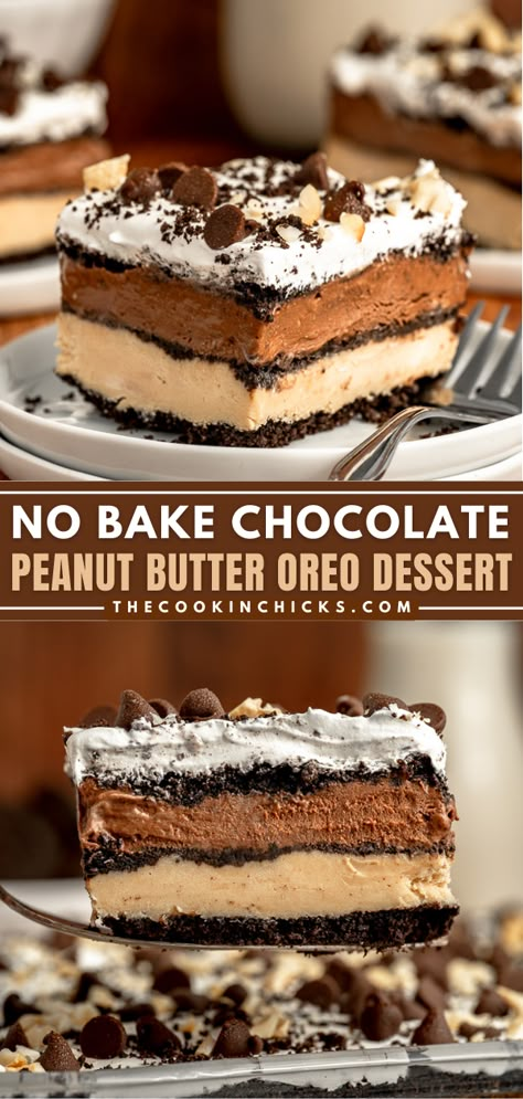 This No Bake Chocolate Peanut Butter Oreo Dessert is a flavor packed sweet treat that consists of crushed Oreo’s, a creamy peanut butter layer, decadent chocolate layer, and topped with whipped cream. The ultimate dessert for any sweet tooth craving! No Bake Chocolate Peanut Butter Oreo Dessert, Chocolate Peanut Butter Oreo Dessert, Peanut Butter Ice Cream Dessert, Peanut Butter Oreo Icebox Cake, Cookie Dessert Ideas, Desserts With Whipped Topping, No Bake Chocolate Peanut Butter Dessert, Refrigerator Pies Desserts, Oreo Peanut Butter Dessert