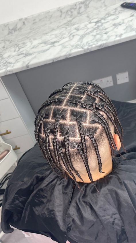 Feed In Braids Men, Plaits Braids Men Short Hair, Triangle Parts Braids Men, Medium Plaits Box Braids Men, Mens Box Braids, Clavish Braids Boys, Boy Box Braids, Box Braids For Men, Men’s Braids With Heart