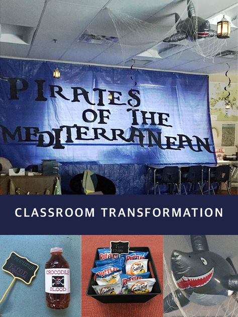 Pirates of the Mediterranean Classroom Transformation Pirate Room Transformation, Candyland Classroom, Schedule Classroom, Amazing Race Challenges, Latin Classroom, Pirate Theme Classroom, Pirate Classroom, Beach Theme Classroom, Method Of Teaching