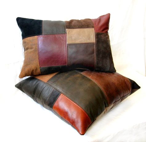 Upcycled Leather Patchwork Pillows - Made from Leather Coats, Garments, and Leftover Upholstery Samples - Handmade by Uptown Redesigns (www.uptownredesigns.com) Patchwork Pillows, Leather Scrap, Leather Coats, Upcycled Bag, Bantal Sofa, Upcycled Leather, Leather Scraps, Patchwork Pillow, Leather Patchwork