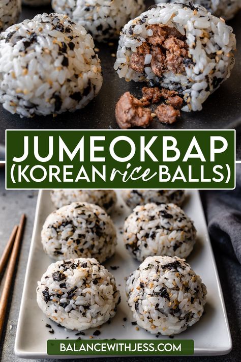 Jumeokbap, or Korean Rice Balls, are perfect for kids! Make easy rice balls stuffed with ground beef bulgogi in just 30 minutes. Delicious, great to take on-the-go, and easy to switch up the filling with whatever leftovers you have! Dairy free, less than 10 ingredients, snack, appetizer, breakfast. Korean Rice Triangles, Ground Beef Rice Balls, Korean Rice Burger Recipe, Filled Rice Balls, Bulgogi Rice Balls, Veggie Rice Balls, Asian Rice Balls Recipe, Korean Rice Balls Recipes, Riceball Recipes