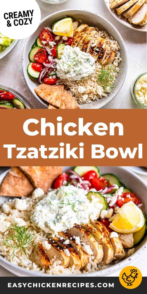 This chicken tzatziki bowl has all the delicious flavor of a gyro but in bowl form, making it the perfect dinner for busy weeknights. Gyros Bowl Recipe, Tzatziki Chicken Bowl, Chicken Taziki Rice Bowl, Greek Chicken Tzatziki Bowl, Chicken Gyro Bowl Meal Prep, Gyro Chicken Bowl, Gyro Meal Prep, Chicken Gyro Bowl Recipe, Gyro Bowls Tzatziki Sauce