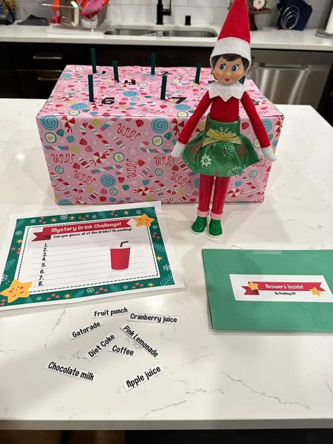 Mystery Drink Challenge Elf, Elf Drink Challenge, Elf On The Shelf Drink Challenge, Elf On The Shelf Mystery Drink Challenge, Elf Mystery Drink Challenge, Elf On The Shelf Challenge Ideas, Mystery Drink Challenge, Elf Hiding Ideas, Fun Elf Ideas