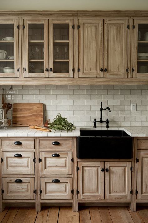 White Stain Kitchen Cabinets, Oak And Gray Kitchen, Amish Made Kitchen Cabinets, Farmhouse Kitchen With Hickory Cabinets, Wood Cabinets With White Backsplash, Kitchen Backsplash With Light Wood Cabinets, Wood Cabinets White Appliances, Raw Wood Cabinets Kitchen, Almond Cabinets Kitchen