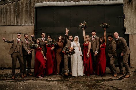 fun wedding party photograph Brown And Red Wedding Theme, Red And Tan Wedding Theme, Autumn Wedding Suits Groomsmen, Christmas Groomsmen Attire, Brown And Red Wedding, Red Bridesmaid And Groomsmen, Red And Brown Wedding, Red Wedding Party, Red And Brown Wedding Theme