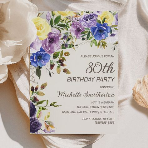 Summer Birthday Invitations, 90th Birthday Invitations, 100th Birthday Party, Floral Birthday Invitations, 80th Birthday Invitations, 90th Birthday Party, Birthday Women, Yellow Watercolor, 90's Birthday Party