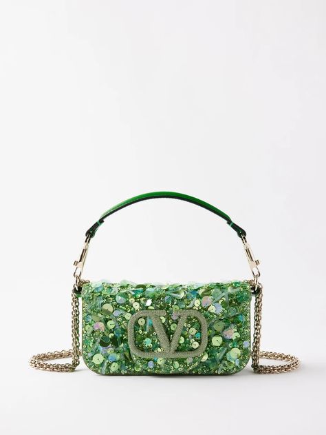 VALENTINO GARAVANI Locò small sequinned-leather shoulder bag Glitter Bag, Shoes Green, Valentino Shoes, Shoulder Chain, Green Flower, Leather Chain, Elegant Outfit, Green Leather, Valentino Garavani