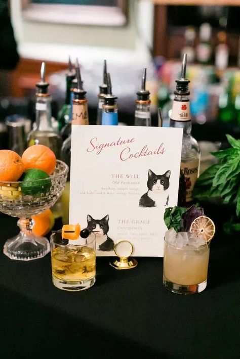 Cat Inspired Cocktails, Cat Signature Cocktail, Wedding Bar Drinks, Cat Cocktail, Signature Cocktail Menu, Wedding Reception Cocktail, Wedding Drink Bar, Cat Bar, Wedding Drink Menu