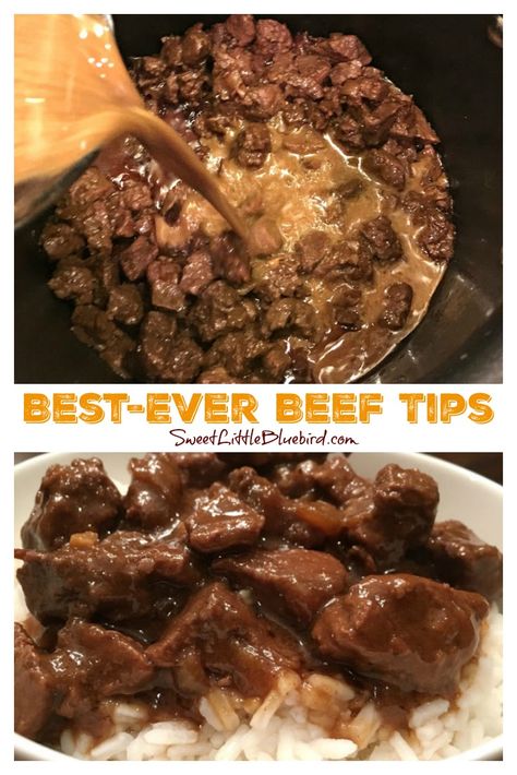 BEST-EVER BEEF TIPS- Tender beef cooked in a deliciously rich gravy, served over rice, mashed potatoes or egg noodles - a satisfying, filling meal the whole family will love. Simple to make comfort food that's easy to adapt to your taste! #BeefTips #Best #Recipe #MainDish #Recipe #ComfortFood #TriedAndTrue Beef Tip Recipes, Beef Tips And Gravy, Best Beef Recipes, Stew Meat Recipes, Beef Stew Meat, Beef Tips, Beef And Rice, Crockpot Beef, Tender Beef