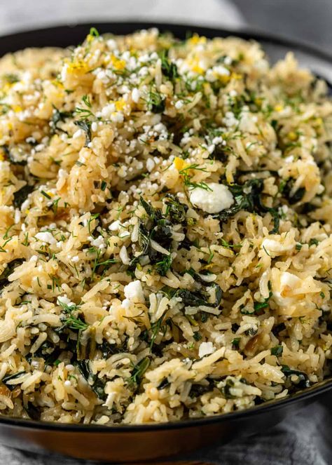 Spanakorizo is a classic rice side dish made with simple yet nourishing ingredients. Make this Greek spinach rice recipe for an easy vegetarian comfort food to serve for dinner tonight! #Spanakorizo #GreekSpinachRice #GreekRiceRecipes #MediterraneanSides #ComfortFoodRecipes Spinach Rice Recipe, Spinach And Rice, Greek Rice, Greek Spinach, Rice Side Dish Recipes, Spinach Rice, Vegetarian Comfort Food, Easy Rice, Rice Side