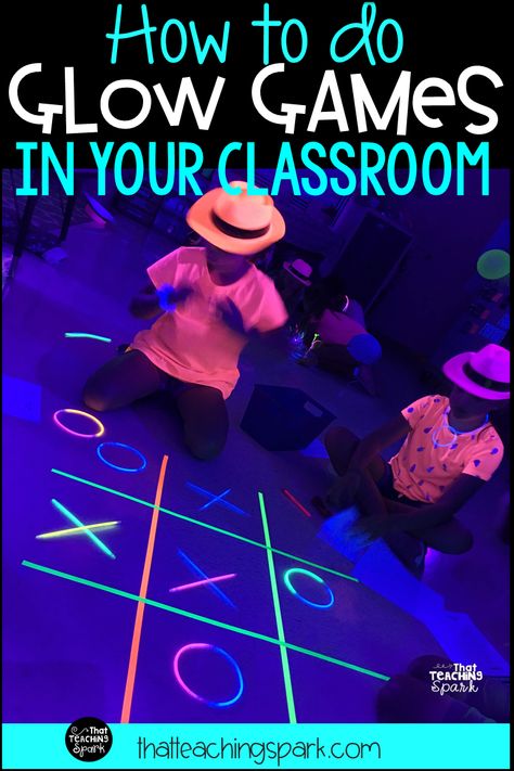 How to do a Glow Games Room Transformation Glow Games Classroom, Glow Classroom, Glow Party Games, Games In The Classroom, Neon Tape, Glow Games, Glow In Dark Party, Glow Stick Party, End Of Year Party