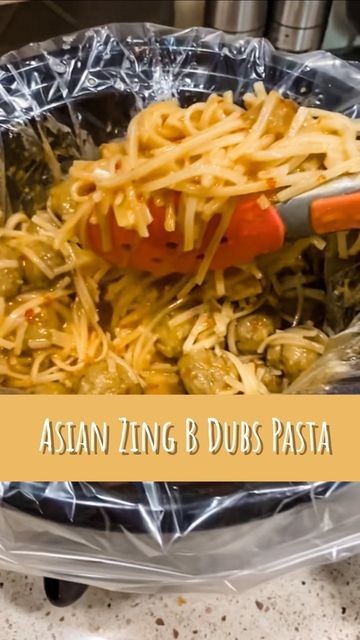 CrazyBusyMama🥘🍽 on Instagram: "Asian Zing BDubs Pasta Y’all this one is yummy but has a bite to it!! Use 1/2 bottle and more HWC to tame it down. Frozen Meatballs Asian Zing Buffalo Wild Wings sauce 1/4 cup Heavy Whipping Cream Sesame seeds Crockpot on low 6 hours Once meatballs are done Add Thai Rice Noodles Garnish with lime wedges & green onion So good 🥰 #crazybusymama #reclaimthetable #crockpotrecipes" Recipes With Buffalo Wild Wings Asian Zing Sauce, Recipes With Asian Zing Sauce, Asian Zing Sauce Recipes Dinners, Buffalo Wild Wings Asian Zing Recipes, Asian Zing Meatballs, Asian Zing Chicken Recipes, Asian Zing Sauce Recipes, August Meals, Crockpot Asian Recipes