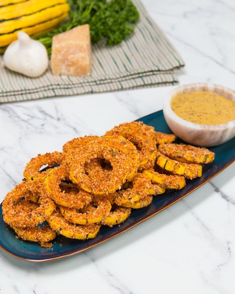 Baked Delicata Squash Rings With Honey Mustard Dipping Sauce Recipe by Tasty Baked Delicata Squash, Honey Mustard Dipping Sauce Recipe, Delicate Squash, Squash Rings, Delicata Squash Recipe, Proper Tasty, Honey Mustard Dipping Sauce, Mustard Dipping Sauce, Dipping Sauces Recipes