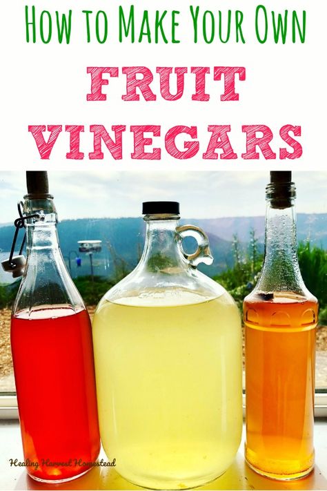 Have you ever wondered how to make that tasty fruit vinegar? Guess what! You can, and it's easy & healthy! Here are my complete directions for how to make your own raw apple cider vinegar and other fruit vinegars. You'll also find out about how the chemistry of making fruit vinegars works. Complete instructions and ideas for using this gourmet, probiotic treat! #fruit #vinegar #fruitvinegar #applecidervinegar #raw #rawfruitvinegar #vinegarwiththemother #mother #healthy #probiotic Homemade Vinegar, Grape Vinegar, Fruit Vinegar, Flavored Vinegars, Infused Vinegars, Raw Apple Cider Vinegar, Apple Cider Vinegar Drink, Fermentation Recipes, Kinds Of Fruits