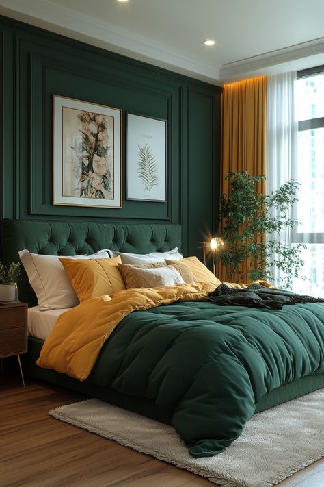 Dark green and gold bedroom ideas are a timeless and elegant way to elevate your style. Explore deep forest green walls, gold accent furniture, and luxurious metallic details. Discover emerald velvet headboards, antique gold mirrors, and ornate light fixtures. Find inspiration for dark green bedding with gold trim, gilded picture frames, and lush plant displays. This rich color palette will bring a touch of luxury and sophistication to your bedroom. Dark Green And Gold Bedroom, Emerald Green Palette, Green Gold Bedroom, Forest Green Walls, Green And Gold Bedroom Ideas, Dark Green Bedding, Green And Gold Bedroom, Gold Accent Furniture, Gold Bedroom Ideas