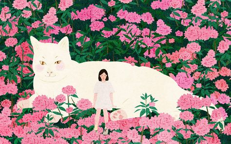 Giant Cat, Flower Cat, Desktop Wallpaper Art, Mac Wallpaper, Big Art, Big Cat, Cat Wallpaper, Cat Illustration, Giclée Print