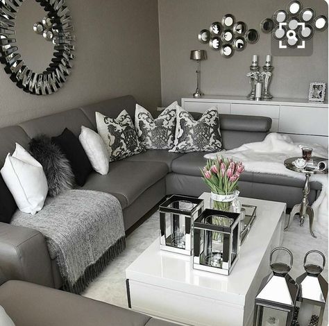 Black White And Grey Living Room, Silver Living Room Decor, Dark Grey Couch Living Room, Silver Living Room, Grey Sofas, Gray Living Room Design, Grey Sofa Living Room, White Living Room Decor, Furnitur Ruang Keluarga