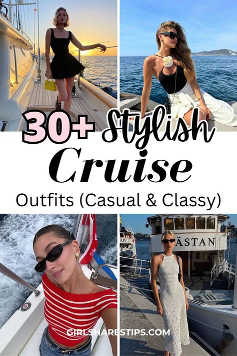 Discover 30+ elegant and trendy cruise ship outfits perfect for a boat day. Learn what to wear for a 7 day Mediterranean or Caribbean vacation, with chic and classy styles ideal for dinner, Lake Como, Mexico, Italian summer, Los Angeles, and Ibiza. Perfect for your holiday or honeymoon! Yacht Outfit Women Classy Summer, Brunch Boat Outfit, Yacht Look Women, Outfits To Wear On A Boat, Yacht Clothes Women, Dubai Yacht Outfit, Italian Dinner Outfits Women, What To Wear On A Yacht Outfit, Boat Cruise Outfits For Women