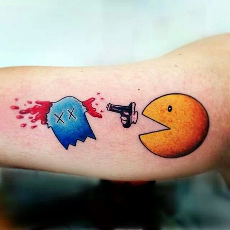 Pacman tattoo Pacman Tattoo, Vendetta Tattoo, Video Game Tattoos, Ghost Tattoo, Tattoo Fails, Gaming Tattoo, Incredible Tattoos, Gambling Tattoo, 1 Tattoo