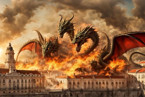 City of Lisbon with Dragons spitting fire over the Royal Palace. Generated by AI The Royal Palace, Royal Palace, Lisbon, Fantasy Creatures, Palace, Books