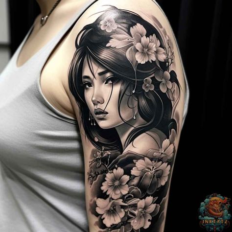 Japanese Black And Grey Tattoo, Black And Grey Japanese Tattoo, Geisha Tattoo Design, Tattoo Culture, Geisha Tattoo, Mythical Birds, Japanese Tattoos, Traditional Japanese Tattoos, Lion Dog