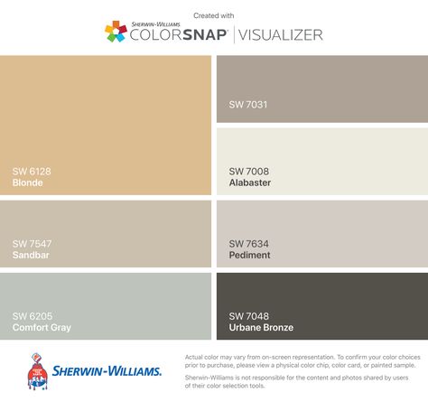 I found these colors with ColorSnap® Visualizer for iPhone by Sherwin-Williams: Blonde (SW 6128), Sandbar (SW 7547), Comfort Gray (SW 6205), Mega Greige (SW 7031), Alabaster (SW 7008), Pediment (SW 7634), Urbane Bronze (SW 7048). Filmy Green, Knitting Needles Sherwin Williams, Worldly Gray, Origami White, Sherwin Williams Gray, Shoji White, Mindful Gray, Agreeable Gray, Pearl Gray