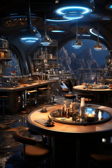 Futuristic Restaurant Interior Design, Sci Fi Restaurant, Scifi Restaurant, Futuristic Restaurant Design, Sci Fi Bar, Scifi Bar, Cyberpunk Restaurant, Scifi Bedroom, Futuristic Lobby