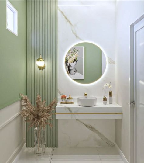 Sconces For Bathroom, Small Half Bathroom, Bathroom Wallpaper Ideas, Practical Bathroom, Restaurant Design Inspiration, Bathroom Vanity Lights, Hair Salon Interior, Green Interior Design, Nail Salon Decor