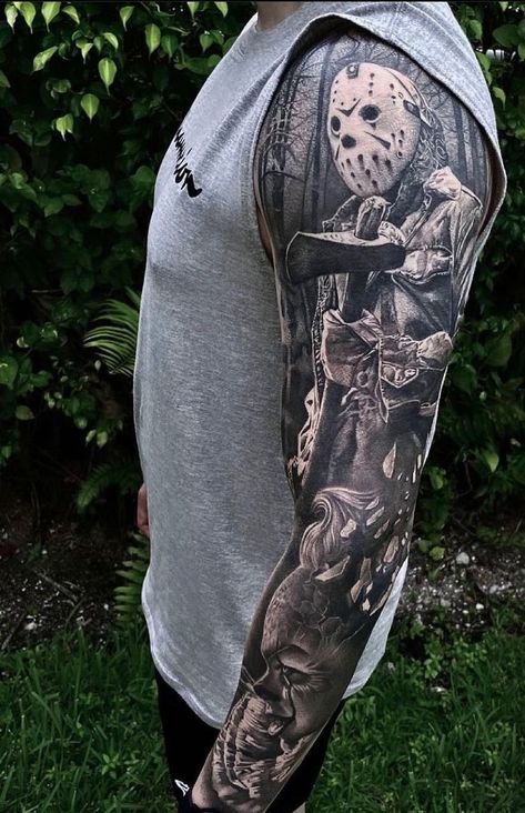 Movie Themed Tattoos Sleeve, Horror Movie Arm Sleeve Tattoo, Horror Calf Tattoo, Scary Movie Leg Sleeve, Michael Myers’s Tattoo, Zombie Sleeve Tattoo, Cartoon Horror Tattoos, Villain Tattoo Sleeve, Master Of Puppets Tattoo