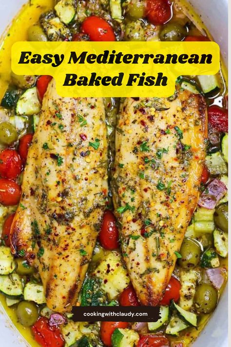 Easy Mediterranean Baked Fish | Healthy Mediterranean Baked Fish in Under 30 Minutes Easy Mediterranean Baked Fish, Make Ahead Fish Recipes Dinners, Fish In The Oven Recipes, Basa Fish Recipes Baked, Mediterranean Fish Dinner, Baked Whiting Fish Recipes Ovens, Fish Recipes For Dinner Baked, Baked Rock Fish Recipes Oven, Branzino Recipe Filet Baked