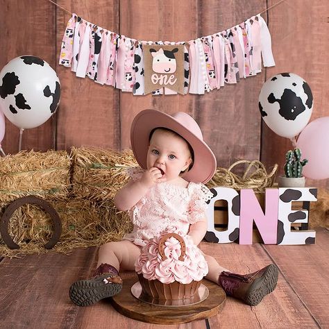 PERFECT BIRTHDAY DECORATIONS - Celebrate your babies first birthday and cake smash with this cow fabric highchair banner! Simply tie or use our gluedots to affix it to babies highchair, wall, mantel, or anywhere you would like to add a pop of fun! Cowgirl Cake Smash Photography, Cow Theme Cake Smash Photoshoot, Rodeo Themed 1st Birthday Photoshoot, Cow Cake Smash 1st Birthdays, My First Rodeo Birthday Girl Smash Cake, Rodeo Smash Cake Girl, 1st Rodeo Photoshoot, Cowgirl 1st Birthday Photoshoot, First Rodeo Smash Cake Girl