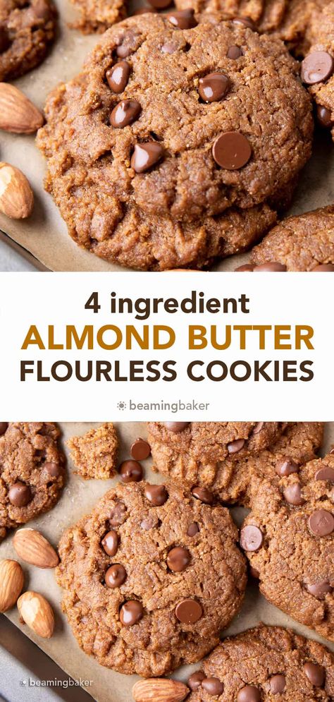 4 Ingredient Flourless Almond Butter Cookies (Gluten Free) - Beaming Baker Butter Cookies Gluten Free, Almond Butter Cookie Recipe, Beaming Baker, Flourless Desserts, Butter Cookies Easy, Almond Butter Recipes, Oatmeal Raisin Cookies Chewy, Flourless Cookies, Diet Cookies