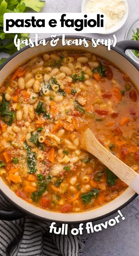 Pasta Fagioli is an Italian soup that always satisfies! It's a pasta and bean soup that's bursting with savory flavor from pancetta, garlic, tomato paste, parmesan and more. You can call it pasta fazool if you want - I just call it delicious! #soup #dinner | soup recipe | dinner ideas | easy dinner recipe | bean soup | pasta soup | ditalini | comfort food Chicken Pasta Fagioli Soup, White Bean Pasta Fagioli, Italian Sausage Canelli Bean Soup, Giada Pasta Fagioli, Macaroni And Bean Soup, Pasta Figole Soup, Pasta Fagioli With Bacon, Soup Pasta Fagioli, Pasta Fazul Soup