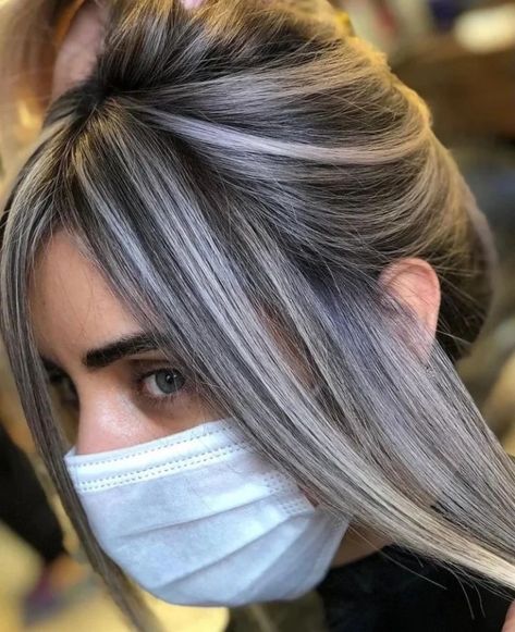 Brown Hair With Silver Highlights, Grey Hair Transformation, Grey Hair Inspiration, Silver Hair Color, Mullet Hairstyle Women, Ash Blonde Hair, Blending Gray Hair, Caramel Highlights, Gray Hair Highlights