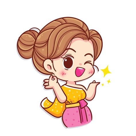 Girl in traditional costume Cartoon character logo vector illustration Cute Girl Sticker, Cambodia Art, Cartoon Dp, Disney Drawing Tutorial, People Character, Vector Girl, Cartoons Dp, Oil Pastel Drawings Easy, Girl Vector