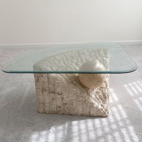 Trying to find the right seating to go with this table has turned out to be impossible. Thinking about surrounding it with rope and turning… Chic Office Space, Blue Coffee Tables, Coffee Side Table, Postmodern Design, Stone Coffee Table, Beige Stone, Coffee Table Desk, Glass Top Coffee Table, Curved Glass