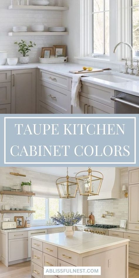 Elevate your kitchen design with the best taupe kitchen cabinet colors. Discover timeless hues and contemporary shades to complement any style. From warm, earthy tones to cool, sophisticated grays, find the perfect taupe to enhance your space. Explore versatile options that blend seamlessly with various countertops, backsplashes, and hardware for a cohesive and stylish look. #kitchenstyle #paintcolors #ABlissfulNest Light Taupe Kitchen Cabinets, Neutral Kitchen Cabinets, Taupe Kitchen Cabinets, Greige Kitchen, Kitchen Cabinets Color Combination, Taupe Kitchen, Two Tone Kitchen Cabinets, Beige Cabinets, Modular Kitchen Designs