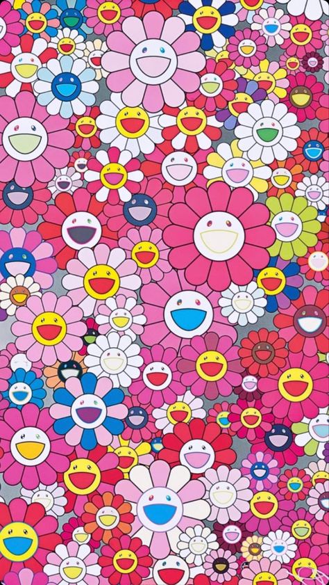 Takashi Flower Wallpaper, Takashi Murakami Wallpaper Aesthetic, Takashi Murakami Flower Wallpaper Iphone, Murakami Flower Wallpaper Iphone, Takashi Murakami Wallpaper, Murakami Wallpaper, Colorful Flower Painting, Takashi Murakami Art, Rugs Wallpaper